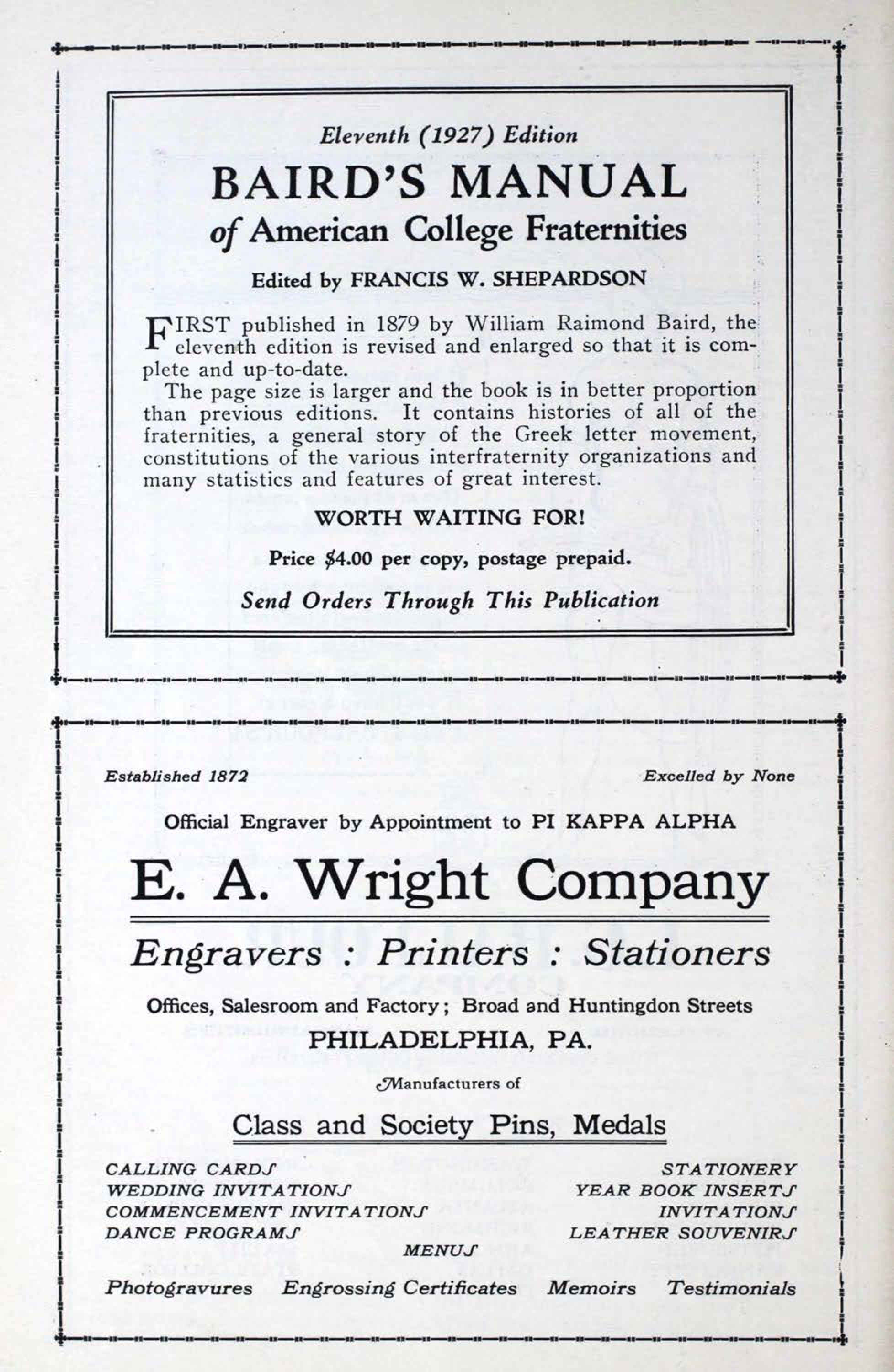 Baird's Manual Advertisement, October 1928